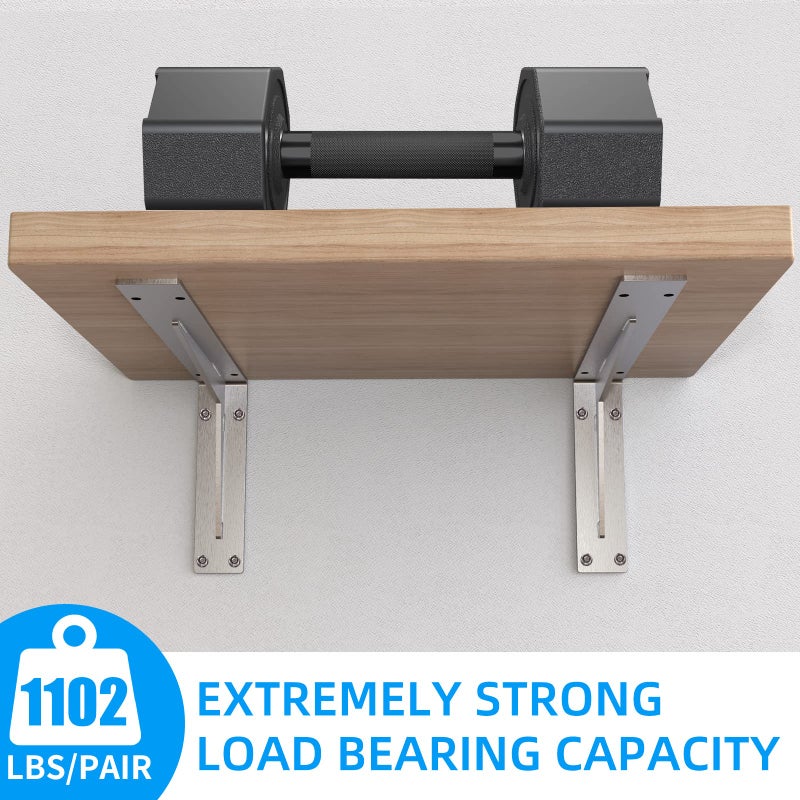 YUMORE قوس الرف الثقيلة 12x8x2 في 1/5IN سميكة اضافية الصلبة L بين قوسين الفولاذ المقاوم للصدأ كونترتوب شريط أعلى دعم بين قوسين الحائط يتضمن الأجهزة 2 حزمة - Image 4